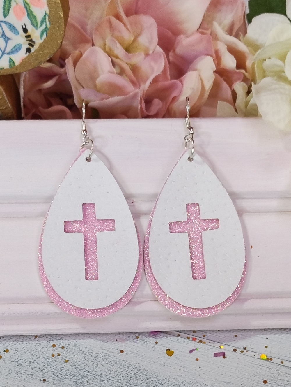 White Teardrop Earrings with Pink Glitter Cross Cutout